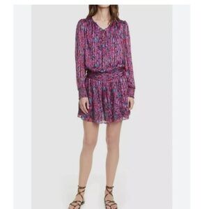 Ramy Brook Floral Pleated Silk Mini Dress Long Sleeve Lace-Up V-Neck